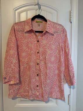 Sigrid Olsen pink Floral 3/4 Sleeve linen Shirt feminine festival grandmacore